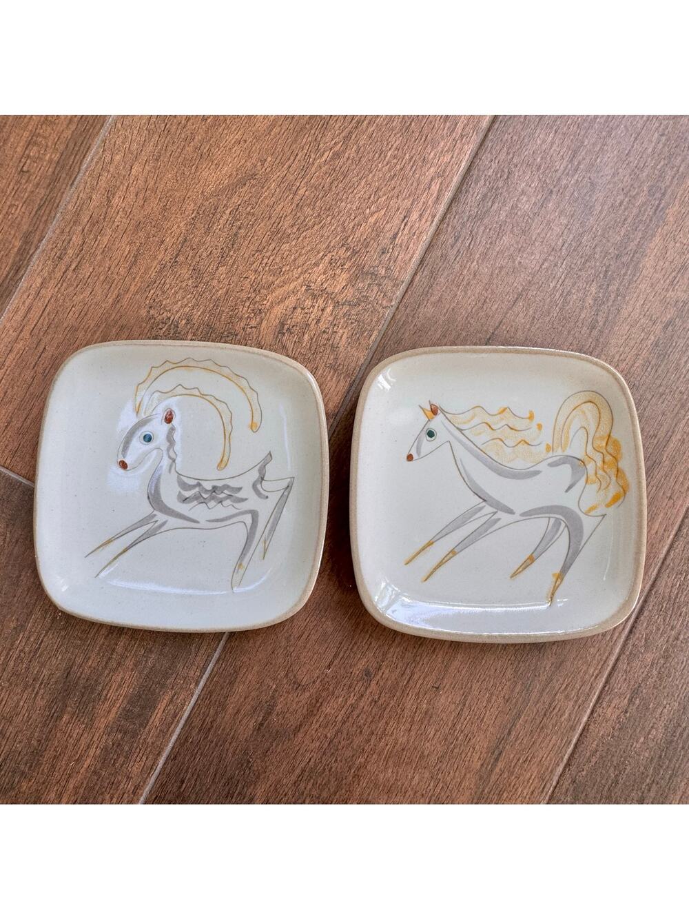 Glidden Pottery by Ernest Sohn Menagerie Plate Unicorn Ram Set of 2 Plates MCM